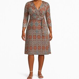 Lime + Chili Printed A-line Wrap Dress with 3/4 Sleeves